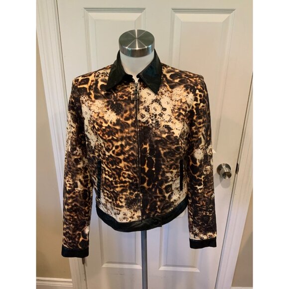 Alberto Makali Yellow & Black Leopard Print Zip-Up Jacket w/ Leather Trim, Sz 8 - Picture 1 of 8